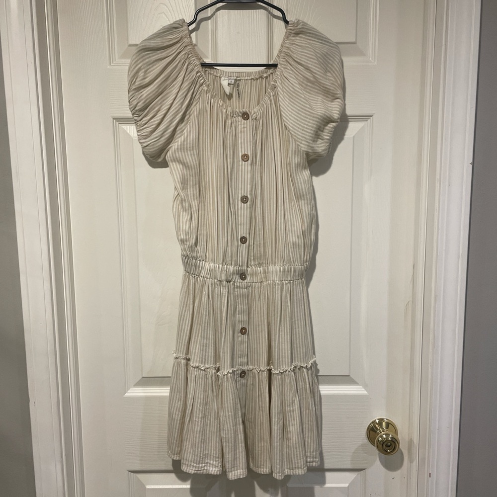 Girls' Cream Stripe Button-Front Tiered Dress